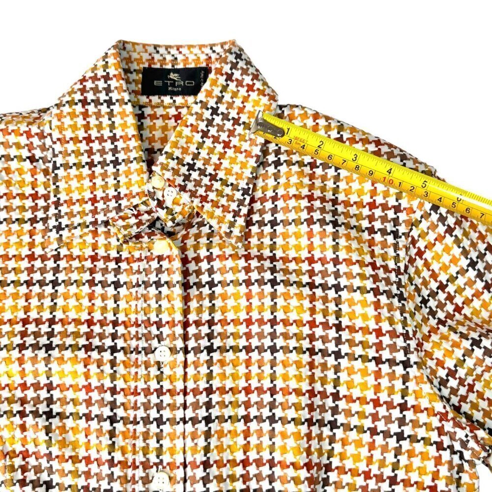 VTG ETRO Shirt Sz.6 Cream Brown Houndstooth Academia Career Italian Old Money - Picture 9 of 14